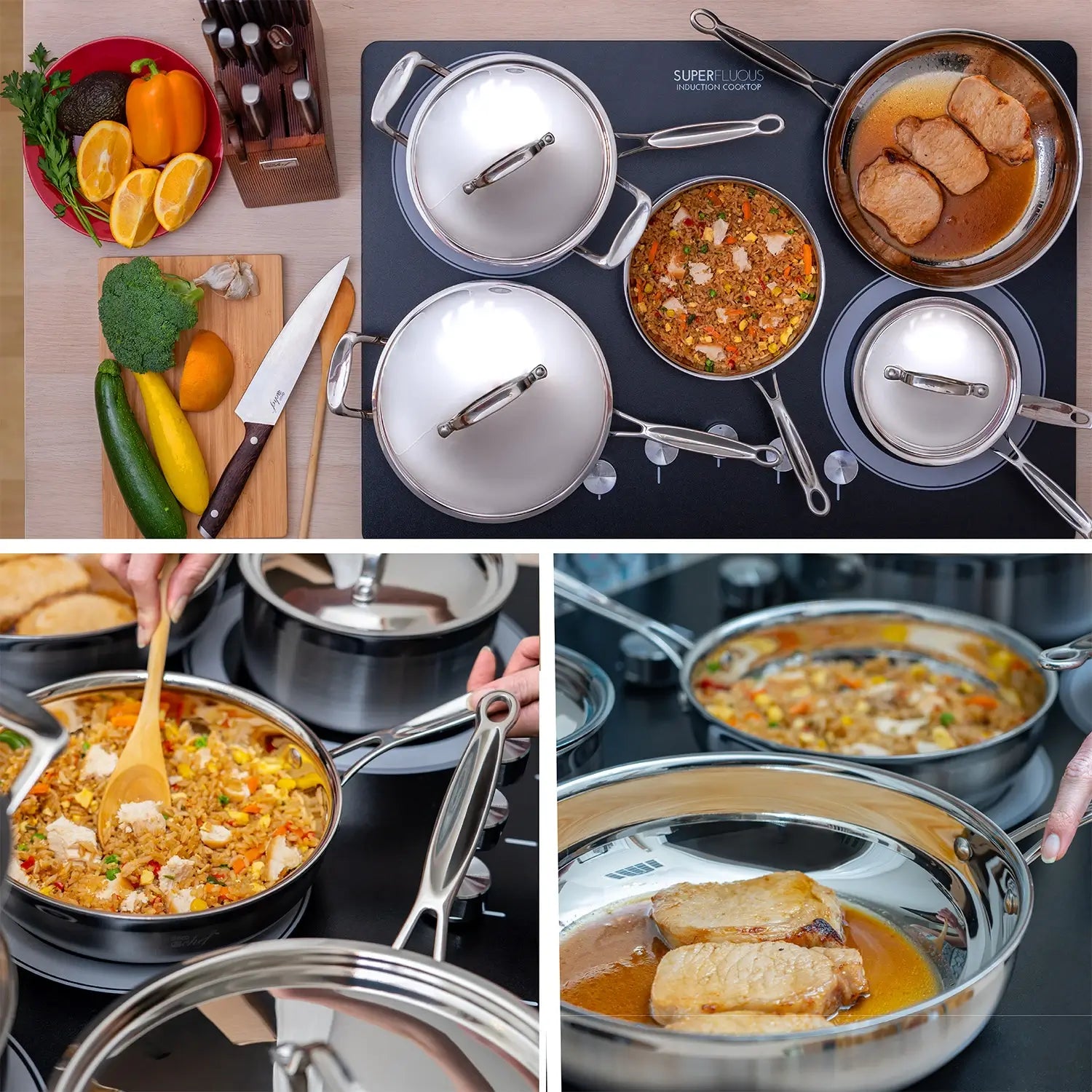 Collage of pots and pans with food in them
