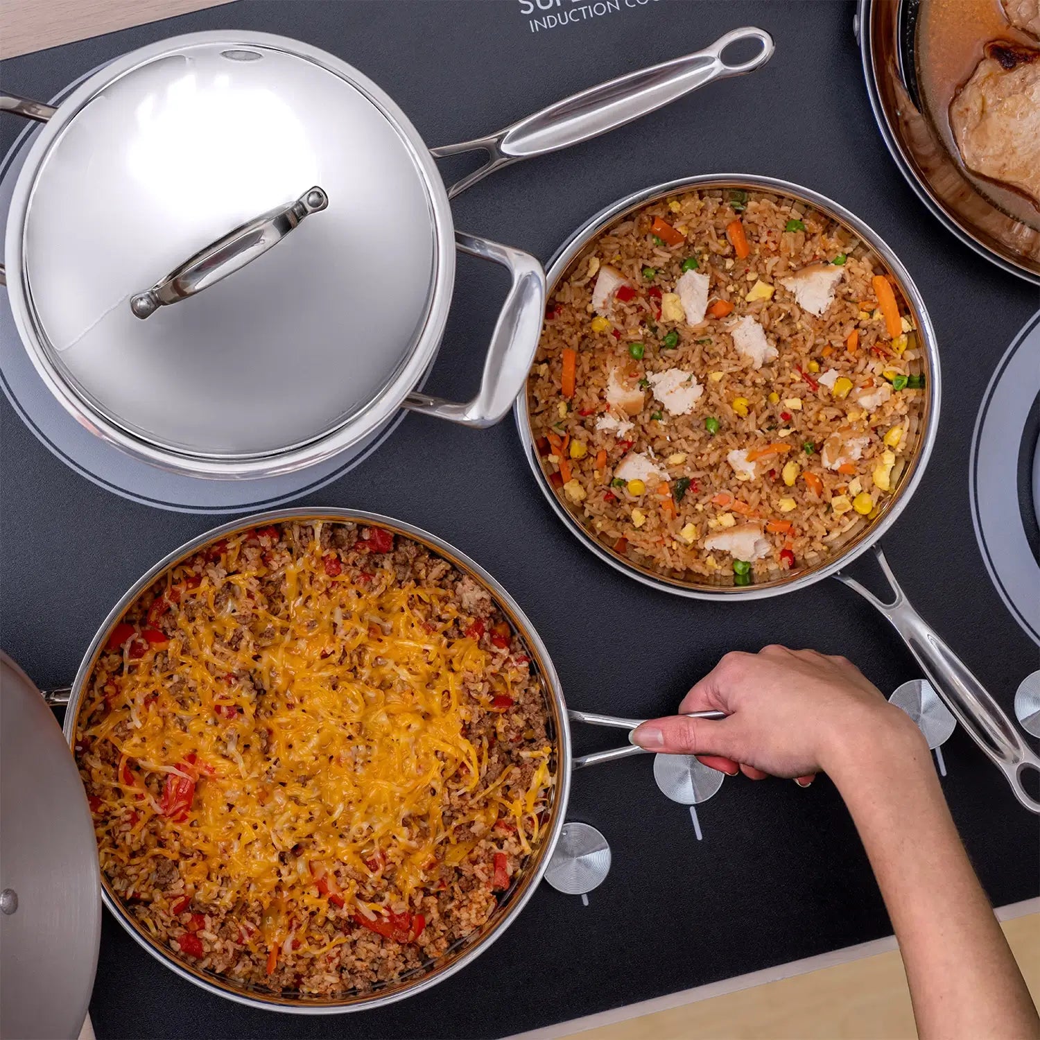 Overhead view of pots with food