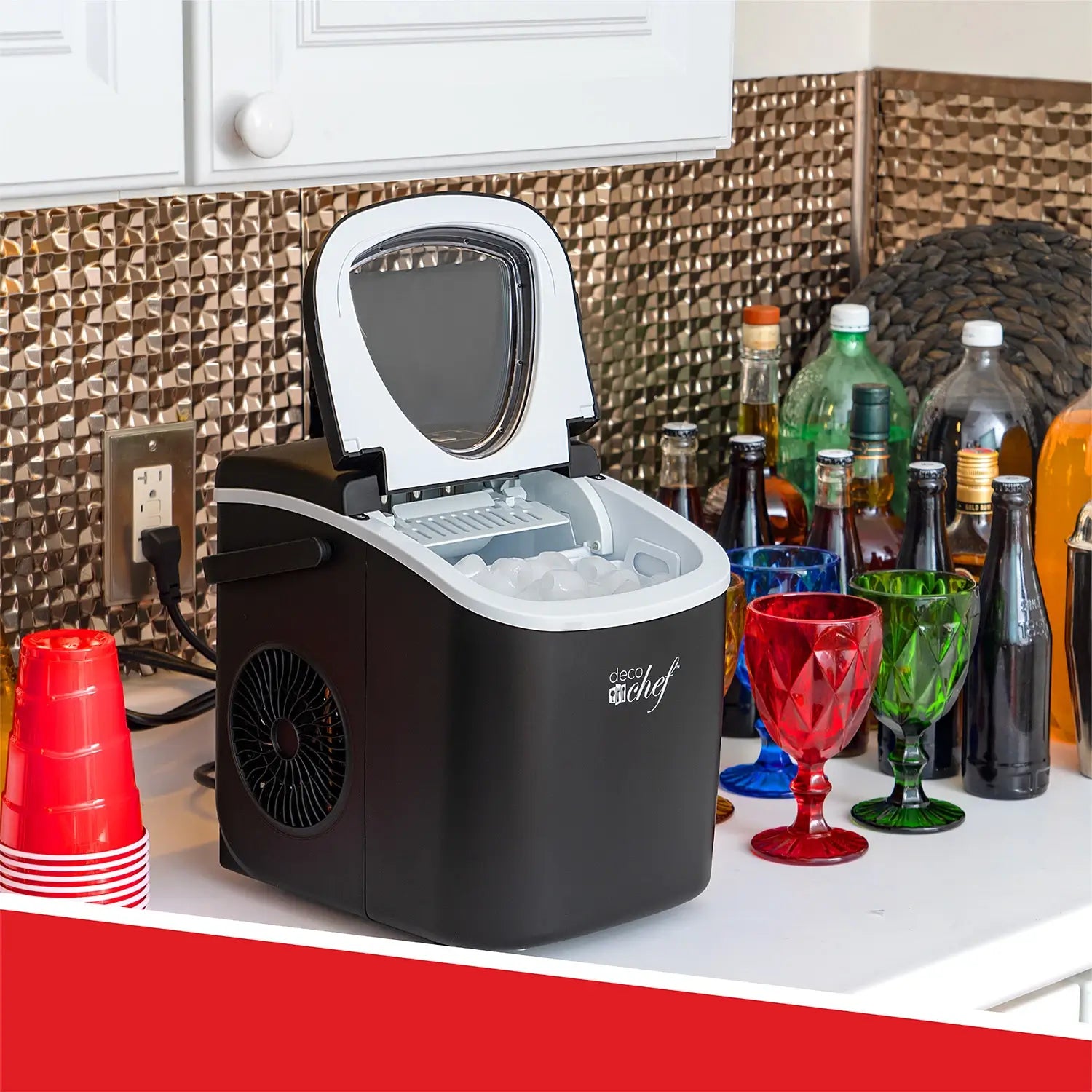 Ice maker surrounded by drinks