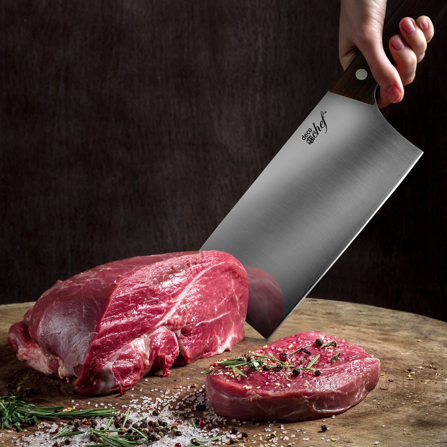 Cleaver knife slicing beef