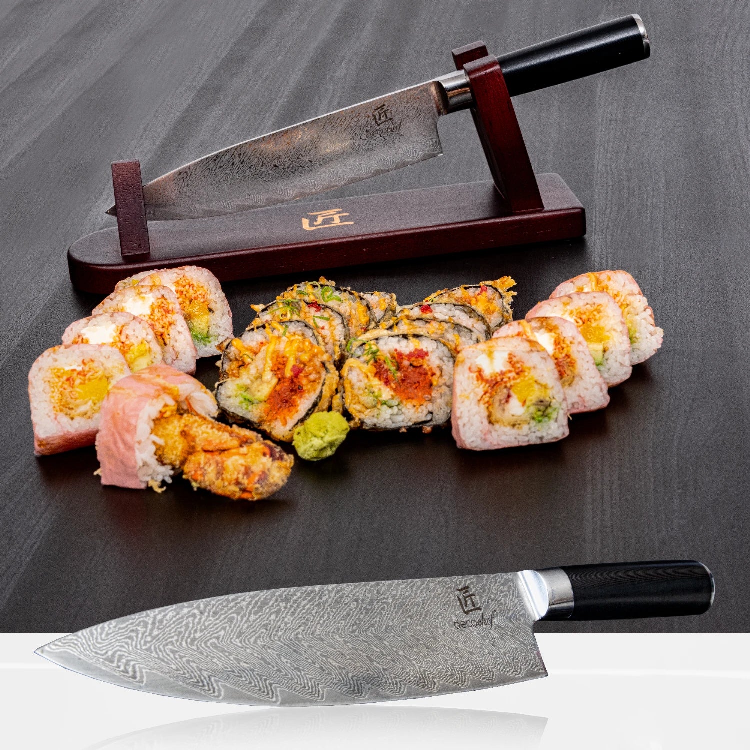 Deco Chef Chef Knife on a dark table with a sushi platter
