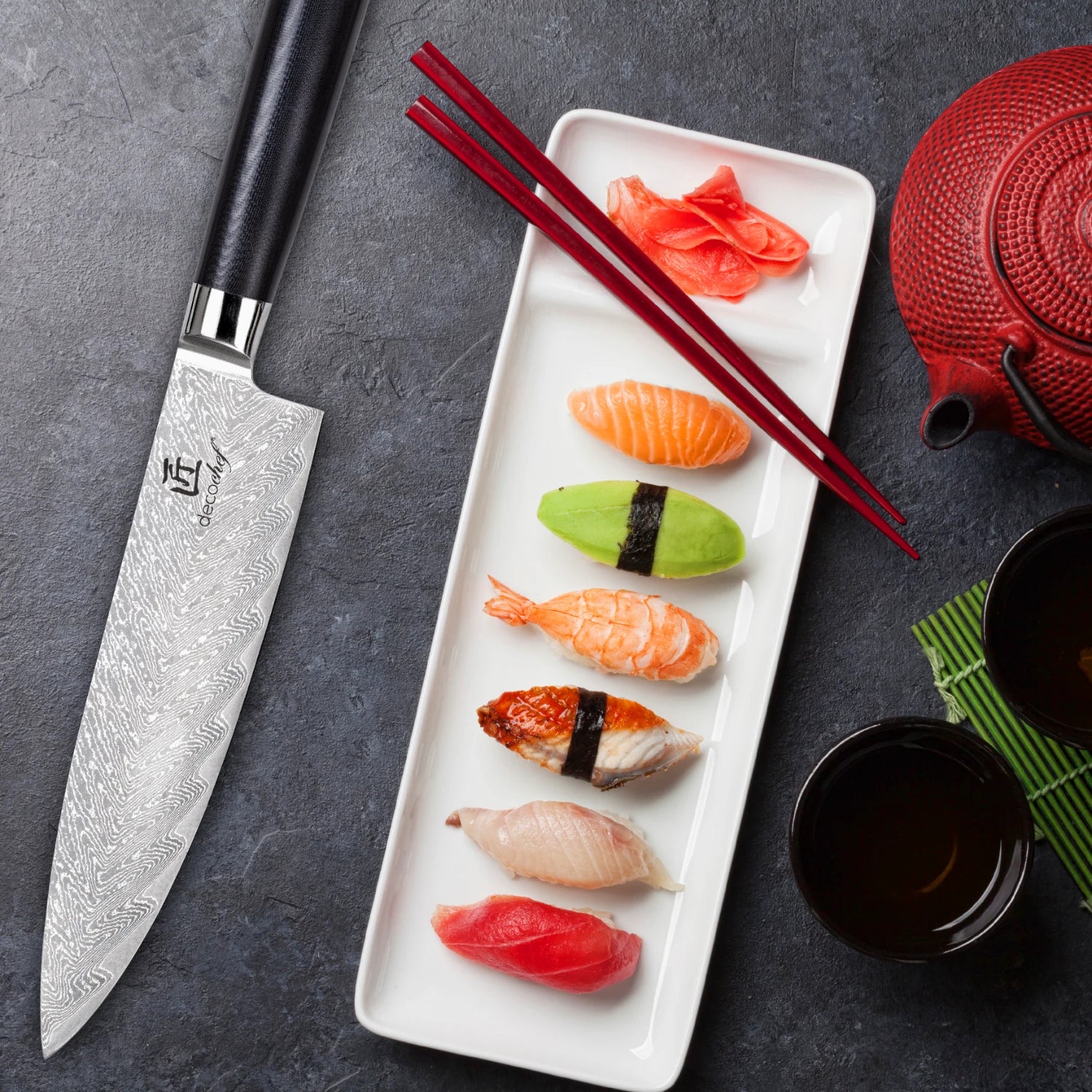 Deco Chef Chef Knife on a dark background with a sushi platter