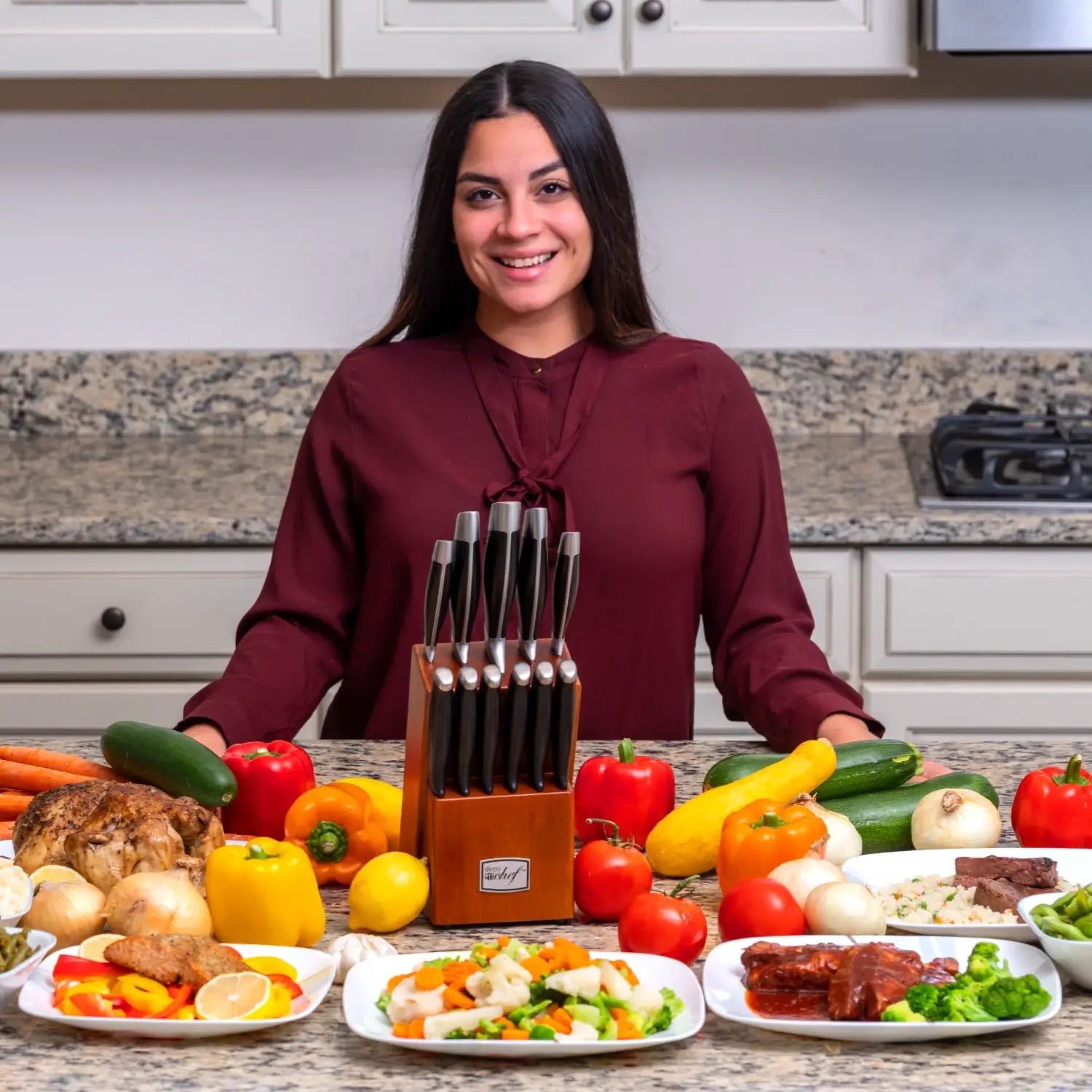 Woman with a  Deco Chef 12-Piece Knife Set in a kitchen